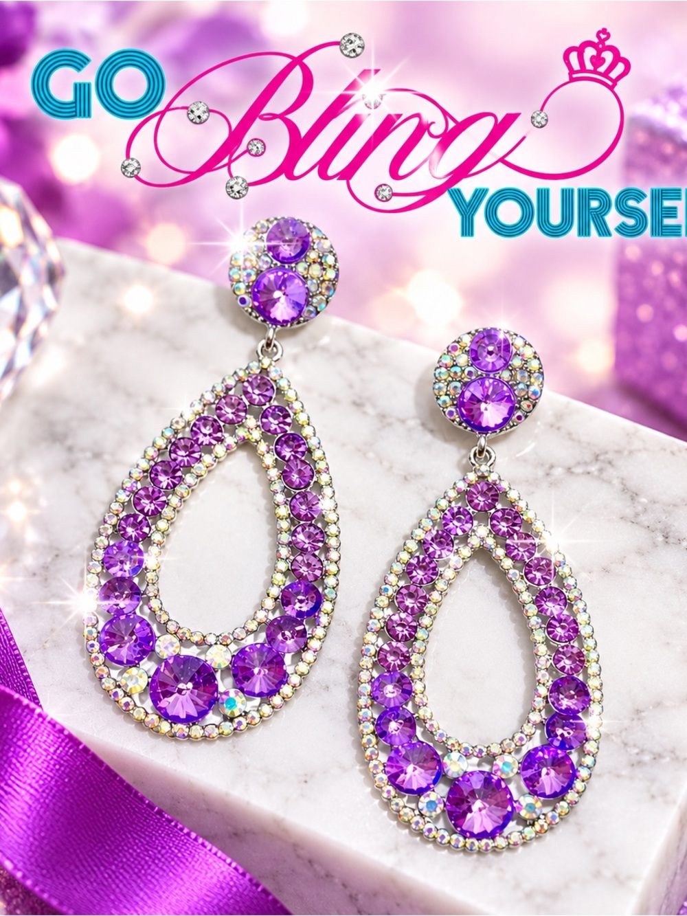 Custom Sparkling Teardrop Purple Crystal Earrings